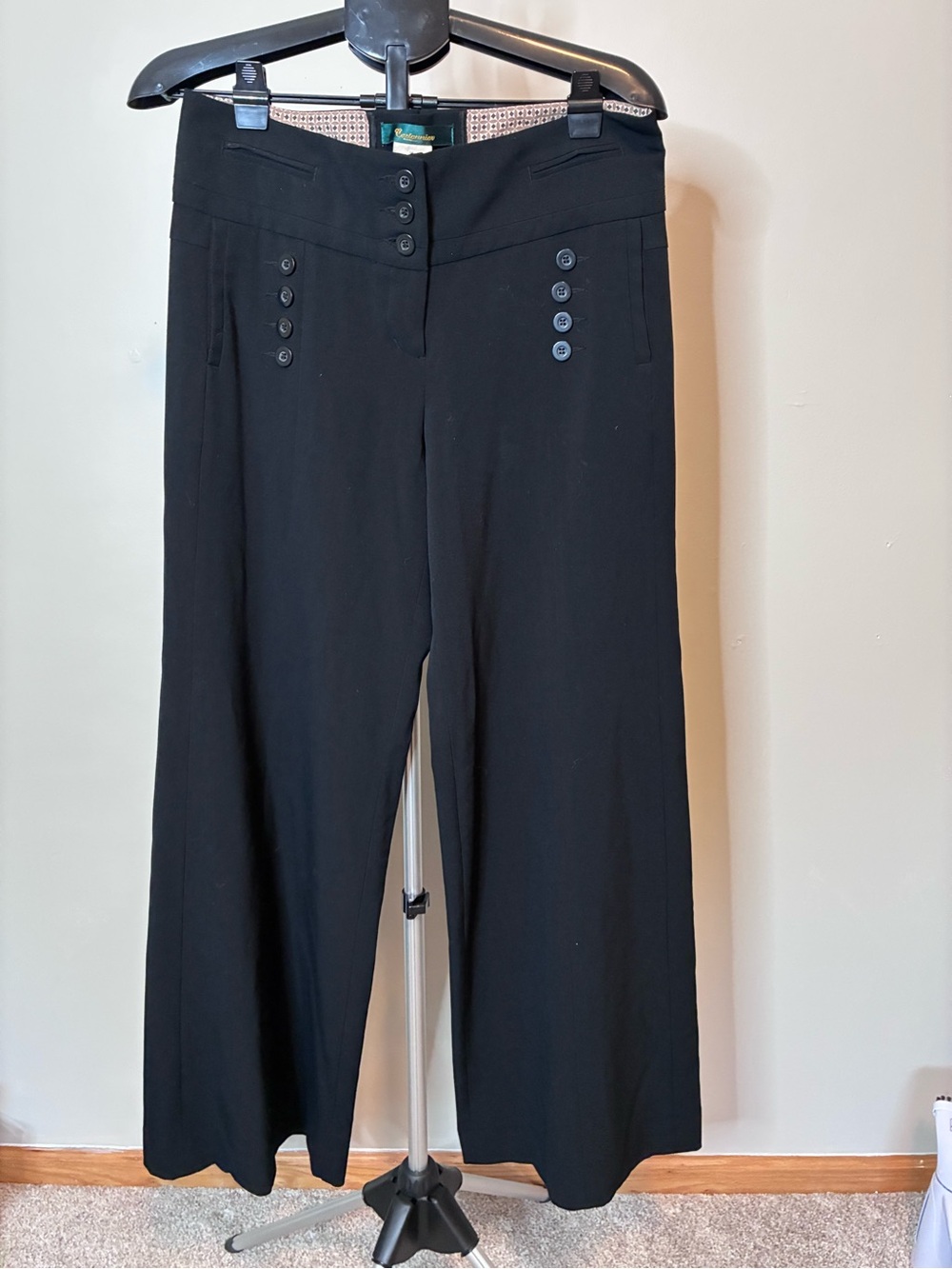 Cartonnier Black Wide Leg Sailor Pants Size 8 High Rise Button Detail Trouser